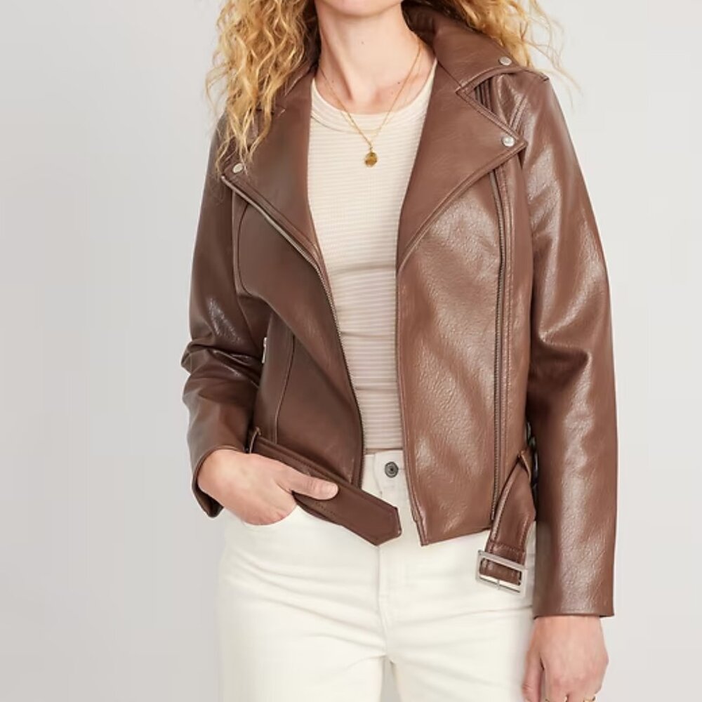 Old Navy Faux Leather Belted Motorcycle Jacket in Espresso Size S ~ NEW